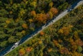 Vertical viewfrom a drone at a autumn road.