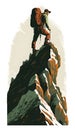 vertical vintage illustration style of hiker climbing top of large mountain Royalty Free Stock Photo