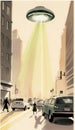 vertical vintage illustration of a UFO using its laser beam in the city center causing curiosity among people and blocking traffic