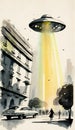 vertical vintage illustration of a UFO using its laser beam in the city center causing curiosity among people and blocking traffic