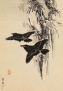 Vertical vintage Japanese plate of Kono Bairei One Hundred Birds