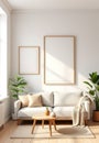 Vertical wall art mockup template with two empty frames above a sofa. Clean Scandinavian interior background for posters, prints Royalty Free Stock Photo