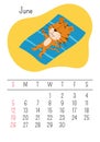 Vertical Wall calendar page template for June 2022 with a cartoon Chinese year symbol. The week starts on Sunday. Tiger