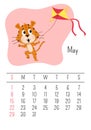 Vertical Wall calendar page template for May 2022 with a cartoon tiger symbol of the Chinese year. The week starts on