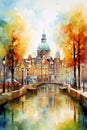 Vertical watercolor painting of Amsterdam cityscape, dutch canal, historical architecture, printable artwork