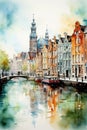 Vertical watercolor painting of Amsterdam cityscape, dutch waterways with boats, historical city architecture, printable artwork