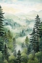Vertical watercolor painting of landscape with coniferous forest in fog