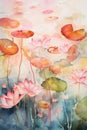 Vertical watercolor painting of water lilies and lotus flowers. Digital art