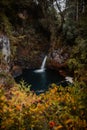 Vertical of waterfall cascading down the rocks in a lush forest Royalty Free Stock Photo