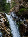 Vertical of a waterfall cascading down the rocks near frozen trees Royalty Free Stock Photo