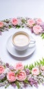 Vertical web banner. Frame of flowers: rose, lilac, rowan leaves and cup coffee on a white background. Floral pattern Royalty Free Stock Photo