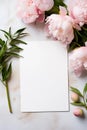 Vertical wedding stationery mock up scene. White blank paper for invitations and greeting card with peonies flowers composition Royalty Free Stock Photo