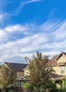 Vertical Whispy white clouds Panoramic residential houses with trees at the front in Daybreak, Utah Royalty Free Stock Photo