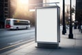 Vertical white billboard mock-up at city bus stop. AI Royalty Free Stock Photo