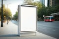 Vertical white billboard mock-up at city bus stop. AI Royalty Free Stock Photo