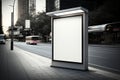 Vertical white billboard mock-up at city bus stop. AI Royalty Free Stock Photo