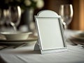 Vertical white metallic table number mockup for wedding dinner in restaurant, birthday party or other celebration. Generative AI