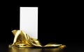 Vertical white stand with golden cloth with reflection isolated on a black background. Banner, template for presentation,