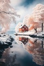 vertical winter landscape small red wooden house on the lake in the forest Royalty Free Stock Photo