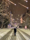 VERTICAL: Woman walks down snowy road leading through festive city of Ljubljana.