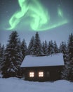 Vertical of wooden hut in a snowy forest in Beskydy mountains, Czech Republic under Aurora borealis