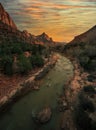 Vertical of Zion National Park with river flow in sunset Royalty Free Stock Photo