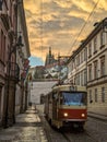 Vertical view of prague castle and st Vito cathedral with tram