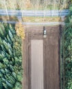 Vertically aligned aerial photograph of a field area worked by a Royalty Free Stock Photo