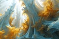 A very abstract painting of a blue and yellow swirl, AI