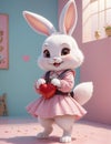 A very adorable anthropomorphic rabbit holding a toy, smiling.