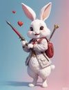 A very adorable anthropomorphic rabbit holding a toy, smiling.