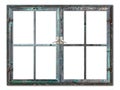 Very aged wooden window frame with cracked paint on it, mounted on a grunge wall Royalty Free Stock Photo