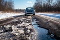 Very bad quality street, damaged asphalt pavement road with potholes. Difficult driving conditions on roads in winter Royalty Free Stock Photo