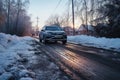 Very bad quality street, damaged asphalt pavement road with potholes. Difficult driving conditions on roads in winter Royalty Free Stock Photo