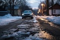 Very bad quality street, damaged asphalt pavement road with potholes. Difficult driving conditions on roads in winter Royalty Free Stock Photo