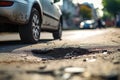 Very bad quality street with potholes. Damaged asphalt pavement road with potholes in city Royalty Free Stock Photo
