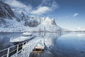 Very beautiful bay in the sea with a fishers boat in Norway on the Lofoten Islands Royalty Free Stock Photo