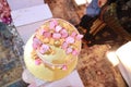 Very Beautiful Birthday Cake Gold and pink butterfly. Royalty Free Stock Photo