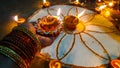 Very Beautiful Designed Burning Diya Lamp Keept On Hand. Diwali Lakshmi Puja.
