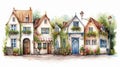 Very beautiful European street with historical buildings at white background