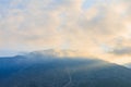 Very beautiful evening view of the mountain with haze at sunset with sun flare in Turkey. Background Royalty Free Stock Photo