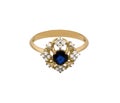 Very beautiful golden ring with big sapphire and diamonds Royalty Free Stock Photo