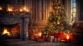 Very beautiful house interior, sitting room decorated with Christmas tree, gift boxes, fireplace and lights Royalty Free Stock Photo