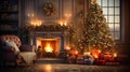 Very beautiful house interior, sitting room decorated with Christmas tree, gift boxes, fireplace and lights Royalty Free Stock Photo