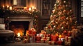 Very beautiful house interior, sitting room decorated with Christmas tree, gift boxes, fireplace and lights Royalty Free Stock Photo