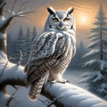 Very beautiful majestic owl sits on thick branch in snowy winter forest. Snow-covered fir trees and sun in the background Royalty Free Stock Photo