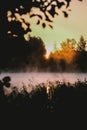 Very beautiful sunrise in summer over a foggy lake. Early morning in summer in nature. Defocused Royalty Free Stock Photo