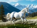 White horse running in mountain landscape in spring