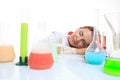 Very beautiful Woman chemist and chemicals in Royalty Free Stock Photo