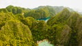 Very beautyful lagoon with boats. Paradise islands in Philippines. Kayangan Lake. Fisheye view. Royalty Free Stock Photo